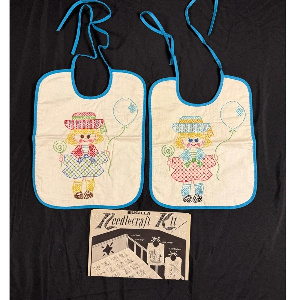 Vintage Bucilla Alphabet Quilted Crib Cover and Bibs Set Hand Embroidered 70s